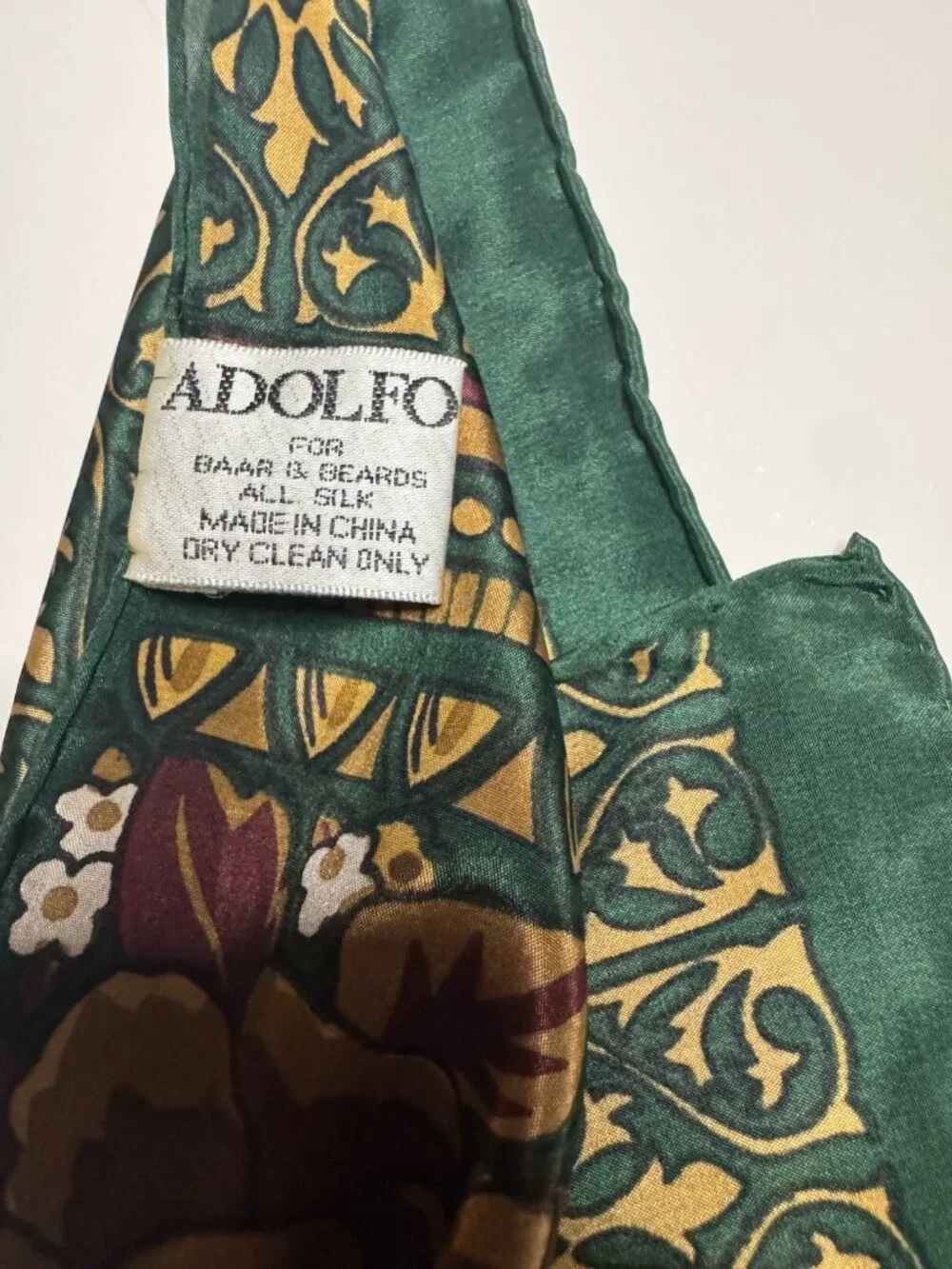 Vintage Adolfo 100% Silk Scarf Baar & Beards Logo Signed Rectangle Ornate Green